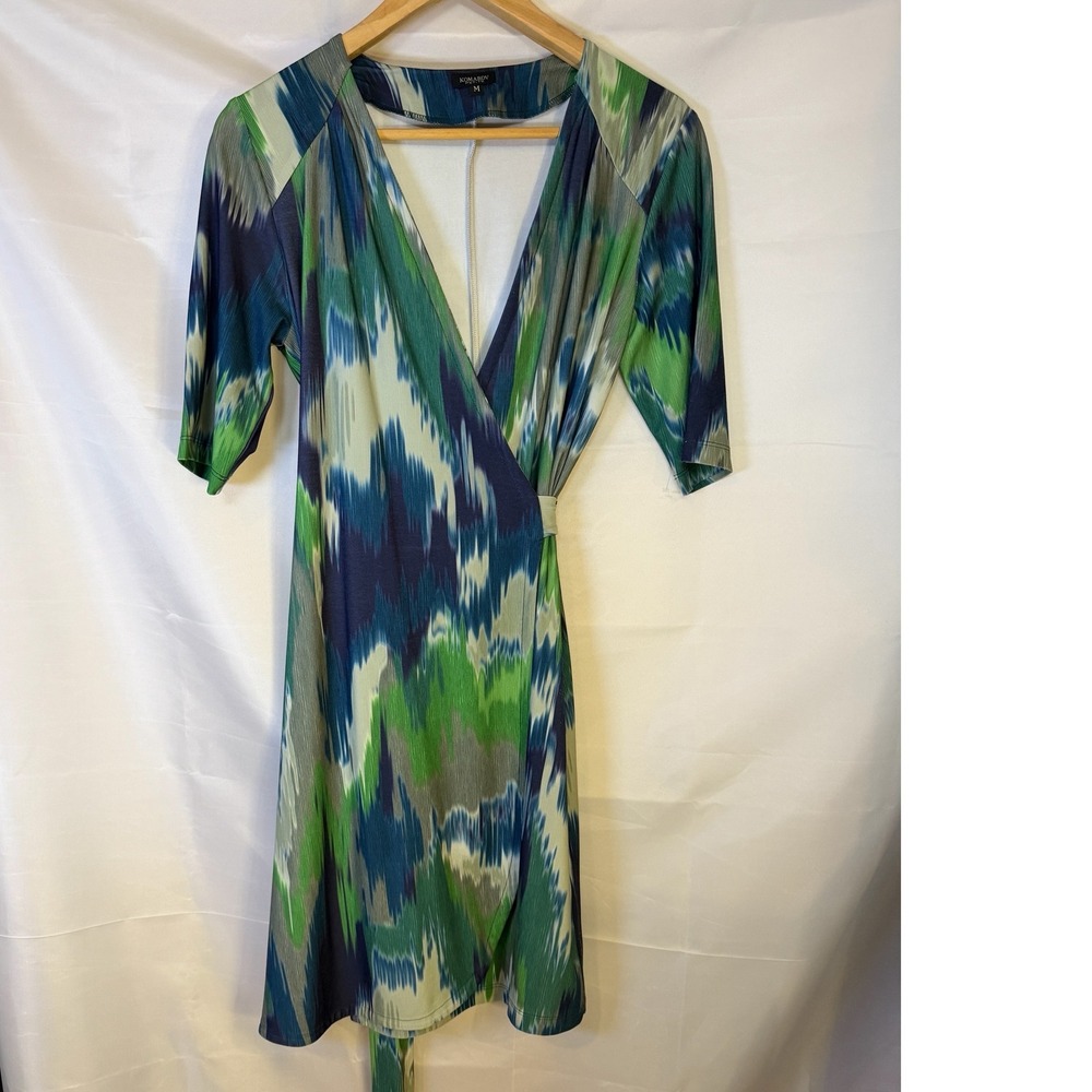 Komarov Petite Abstract Ikat Print Wrap Dress Blue Green Medium PM